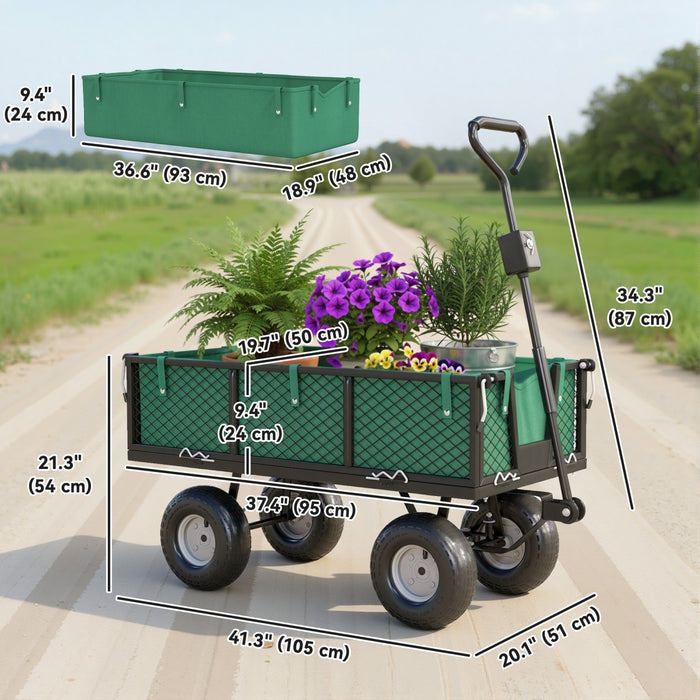 Outsunny Heavy Duty Garden Cart, 660lbs Capacity Utility Wagon Cart with Removable Liner, Quick-Release Sides, 10\" Pneumatic Wheels, Adjustable Handle for Beach Lawn Yard, Green