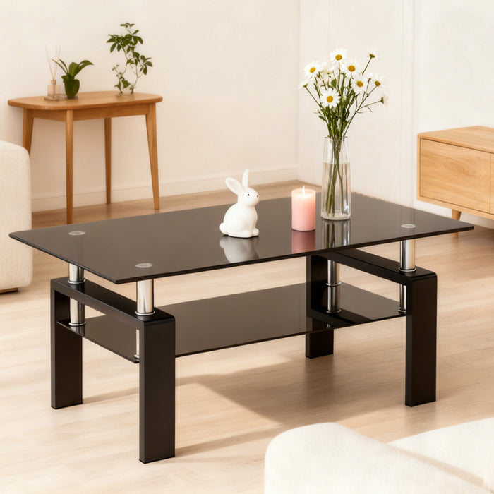 Liam Modern Rectangle Clear Tempered Glass Coffee Table,Black