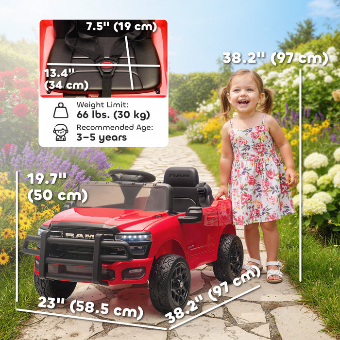Qaba 12V Kids Car, Electric Ride on Vehicle Licensed Dodge RAM 3500 Battery Powered with Remote Control, Rear Suspension, Bluetooth, Power Display and LED Light for 3-5 Years, Red