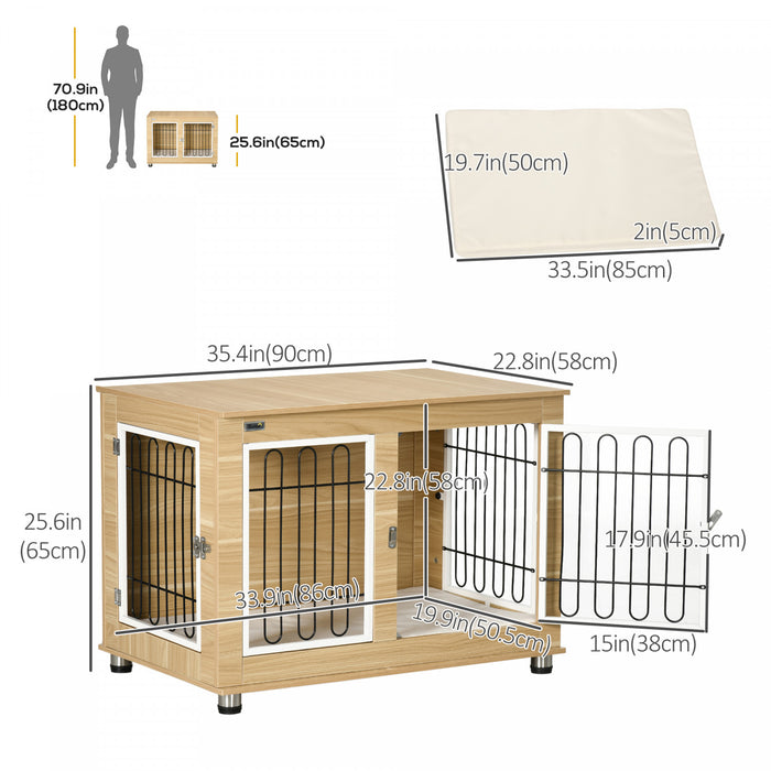 Pawhut Pet Crate End Table With Soft Cushion, Double-door Dog Crate Furniture For Medium Large Dogs, Wooden Wire Pet Kennel For Indoor Use