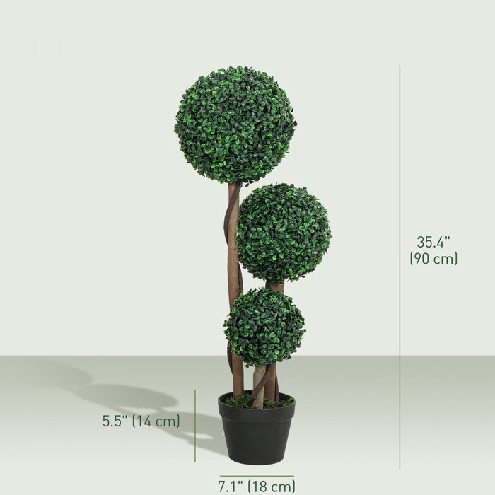 HOMCOM 35 Inch Artificial Boxwood Triple Ball Topiary Tree Set of 2, Green