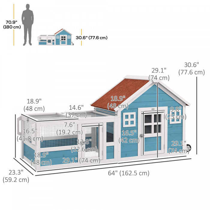 Pawhut Rabbit Hutch Outdoor, Bunny Cage Guinea Pig House Small Animals Habitat With Asphalt Roof, Handle, Easy To Move Wheels