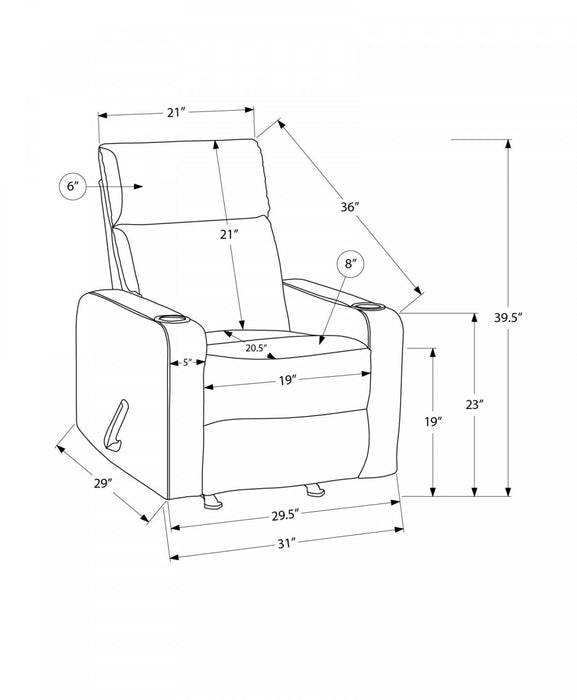 Upholstered Small Reclining Chair, Manual Rocker, Cup Holders. Light Grey Fabric Recliner