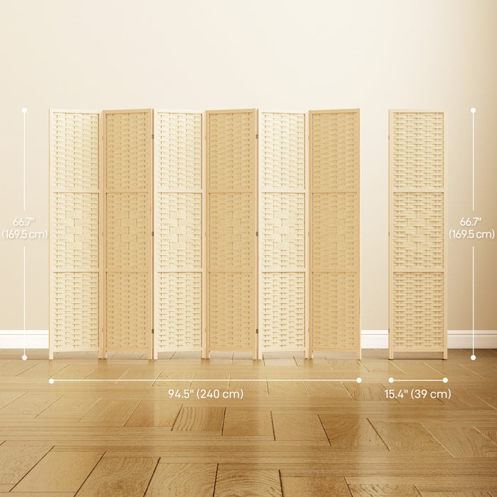 HOMCOM 6-Panel Room Divider, 5.6 FT Wall Divider, Natural Wood