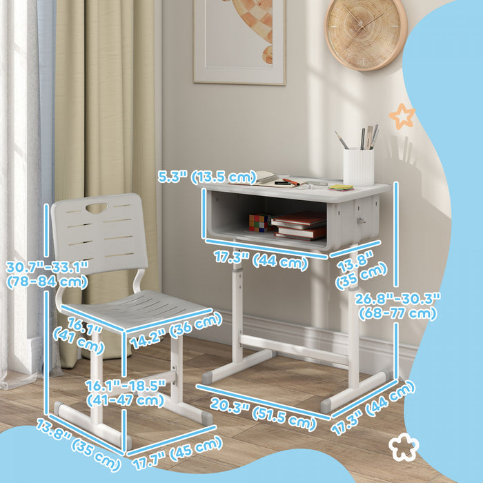 Qaba Kids Desk and Chair Set, Height Adjustable Children Study Desk and Chair with Large Drawer, School Writing Study Table for Bedroom and Study Room, Grey