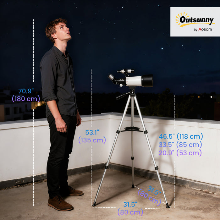 Outsunny Telescope for Adults and Beginners, 70 mm Aperture Portable 400 mm Refractor Telescope with 40X/16X Magnification, Adjustable Tripod, Carry Bag for Travel, White