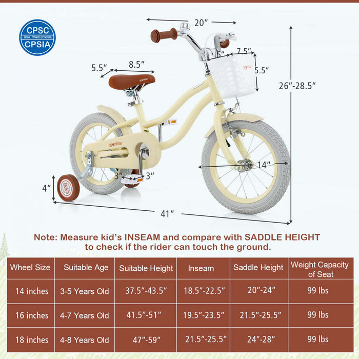 Prorider 14\" Kid's Bike With Removable Training Wheels & Basket For 3-5 Years Old Beige