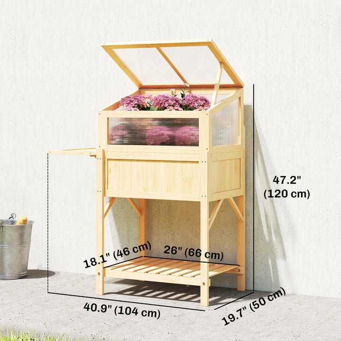 Outsunny Raised Garden Bed Planter with Cold Frame, Folding Table, Natural