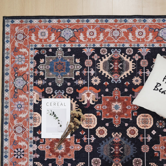 Aqua Black Star Washable Non-slip Low Pile Area Rug 5'x7'