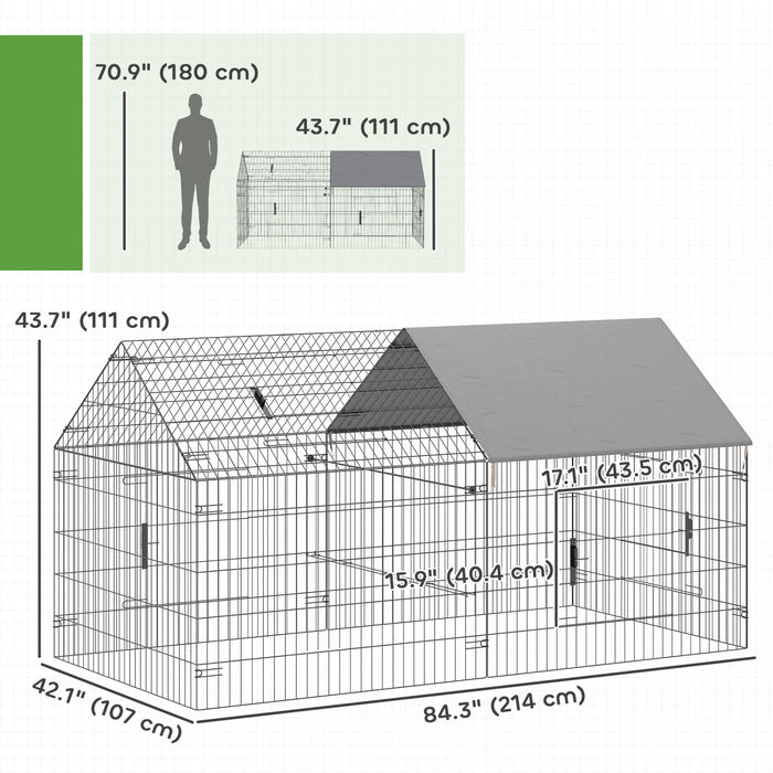 PawHut Metal Chicken Coop, 7' x 3.5' x 3.6' Large Chicken Run with Water-Resistant & Anti-UV Cover, Outdoor Poultry Cage with 4 Doors for 2-3 Hens, Rabbits, Ducks, Geese