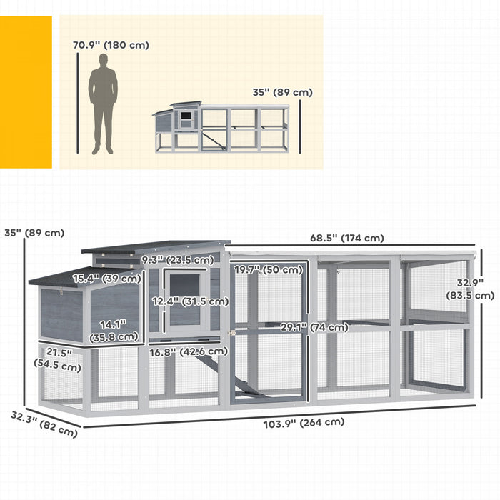 PawHut Large Chicken Coop, 104\"L Wooden Hen House with Covered Run, Nesting Box, Pull-Out Tray, Opening Asphalt Roof, Rabbit Hutch with Roosting Bars and Ramp for 3-4 Hens