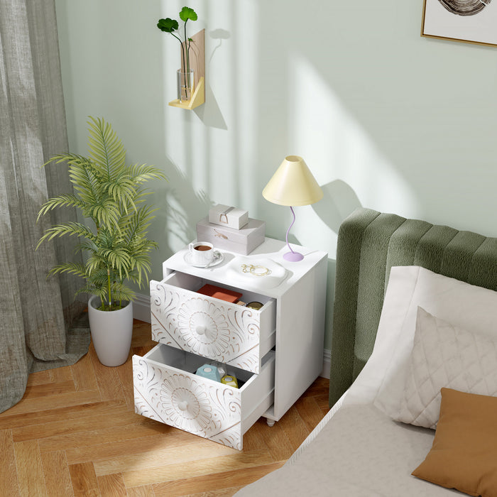 HOMCOM Nightstand, Bedside Table with 2 Drawers, Mid-Century Style, White