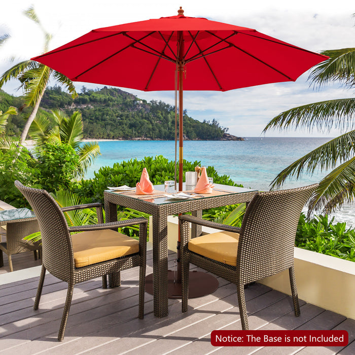 Costway 9.5 FT Patio Rope Pulley Wooden Umbrella Market w/Fiberglass Ribs Outdoor Red