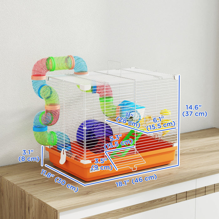 PawHut 18\"L Hamster Cage, Small Animal House, 2-Level Rat Gerbil Haven with Tunnel Tube System, Exercise Wheel, Water Bottle, Food Dish, Ramp, Orange