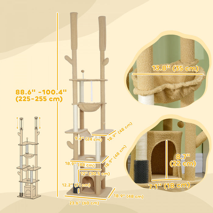 Pawhut Floor To Ceiling Cat Tree, 89\"-100\" Adjustable Height Cat Tower For Large Cats With Scratching Posts, Grooming Brush Post, Cat Condo, Perches, Hammocks, Balls, Brown