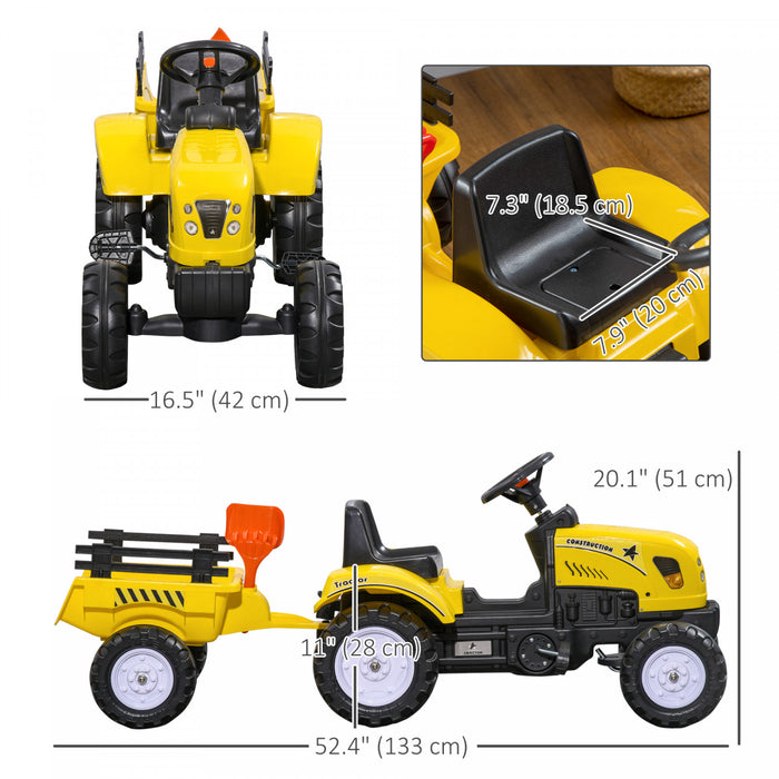 Aosom Ride On Excavator For Kids, Pedal Ride On Tractor With Back Storage Trailer, Shovel, Rake, Horn, For Toddlers 3 Year Old, Yellow
