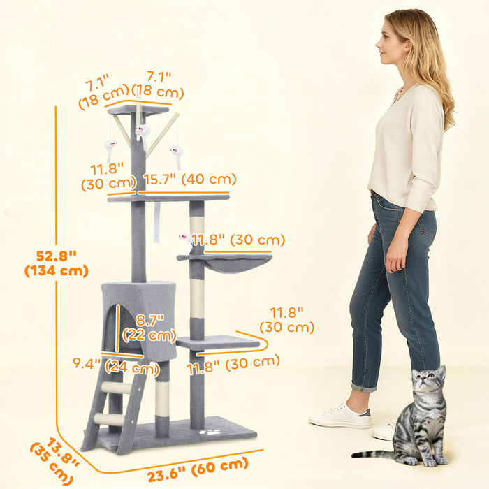 PawHut Cat Tree, 53\" Cat Tower for Indoor Kittens with Sisal Scratching Posts, Plush Perches, Condo, Hammock, Ladder, Dangling Toys, Multi-Level Kitty Activity Centre, Grey