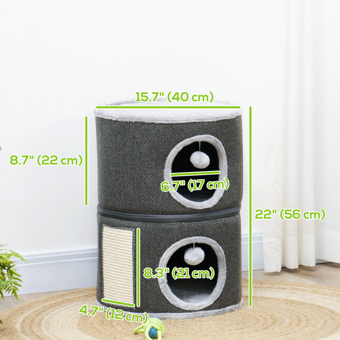 Pawhut 2-story Cat Condo Tower, 22 Inches Cat Tree For Indoor Cats With Top Perch And 2 Hideaways, Sisal Scratching Board, Removable Cushions, Toy Balls, Dark Grey