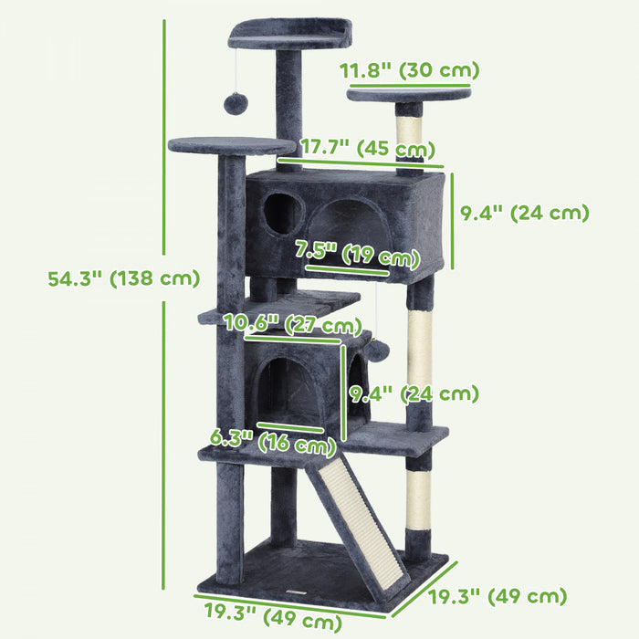 Pawhut 54\" Cat Tree, Cat Tower For Indoor Cats With Scratching Posts, Cat Condos, Bed, Platforms, Ramp, Toy Ball, Cat Activity Center, Dark Grey
