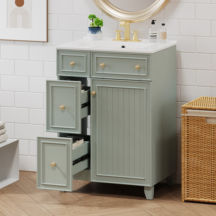 Jonas 24\" Solid Wood Bathroom Vanity Cabinet With Storage Drawers And Door - Green