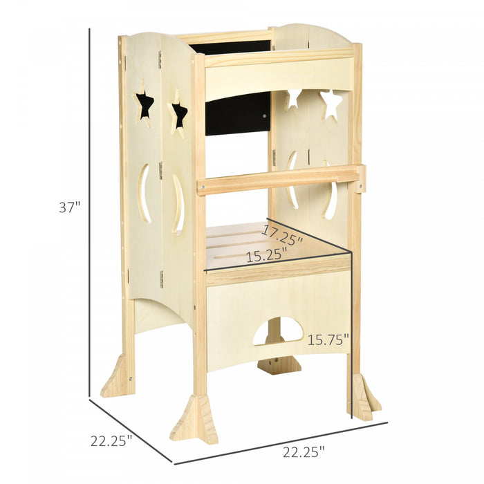 Qaba Kids Kitchen Helper Foldable Step Stool Toddler Kitchen Stool With Blackboard Lockable Handrail For 3-6 Years Old Natural