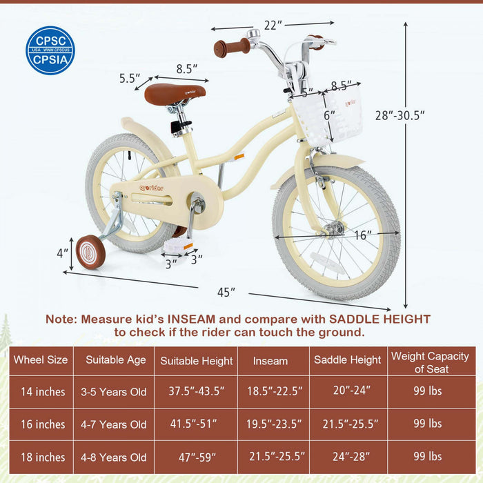 Prorider 16\" Kids Bike Toddler Adjustable Bicycle With Training Wheel For 4-7 Years Old Girl Beige