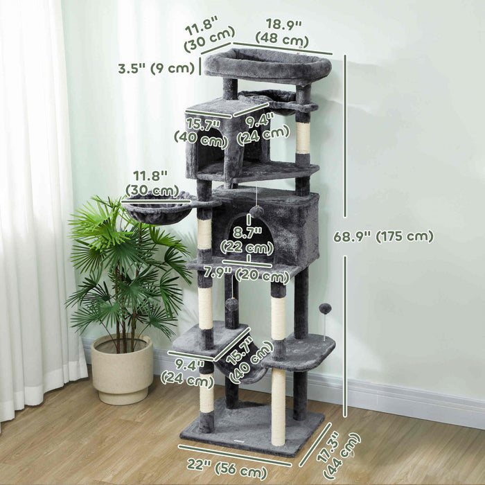 PawHut Cat Tree, 69\" Cat Tower for Indoor Kittens, Multi-Level Tower with 2 Condos, Scratching Posts, 2 Hammocks, Perches, Pompoms for Multiple Kitties, Dark Grey