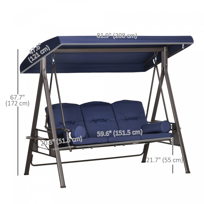 Outsunny 3 Seater Porch Swing Heavy Duty Outdoor Swing Chair, Dark Blue