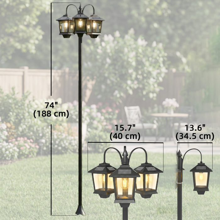 Outsunny 74\" 3-Head Solar Lamp Post Light, Waterproof LED Solar Light Posts