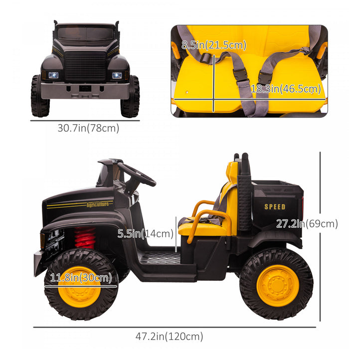 Aosom Two-seater Kids' Tractor With Detachable Bucket, 12v Battery Powered Ride-On Farm Truck With Parental Control, 2 Speeds, Music Lights, Suspension Wheels, Black