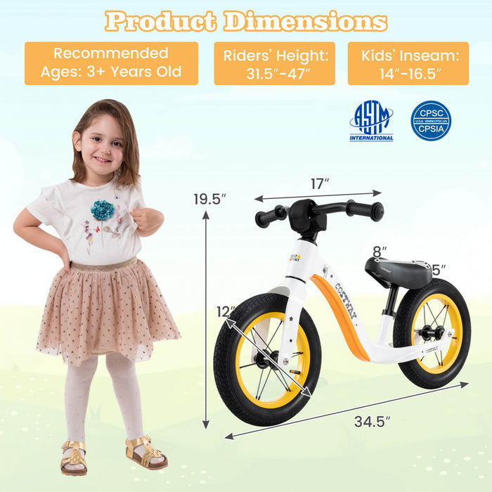 Costway 12 Inch Magnesium Toddler Balance Bike No Pedal Training Toddler Balance Bike White