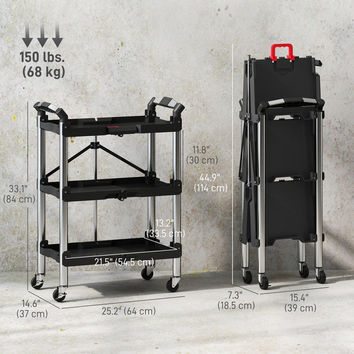 Homcom 3-tier Collapsible Tool Cart With Wheels, Folding Utility Cart Black