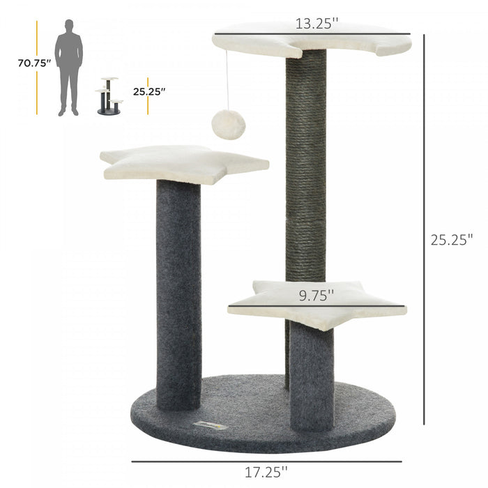 Pawhut 30\" Cat Tree Kitty Activity Center Climbing Toy Rest Pet Furniture With Sisal Scratching Post Moon Star Shaped Perch Hanging Ball Grey, White