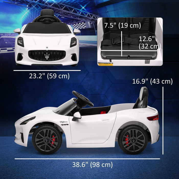 Qaba 12v Electric Car For Kids, Maserati Gran Turismo Licensed Battery Powered Ride-On Kids Car With Remote Control, Soft Start, Led Lights, Music, Horn, Mp3, Kids Ride On Car, White