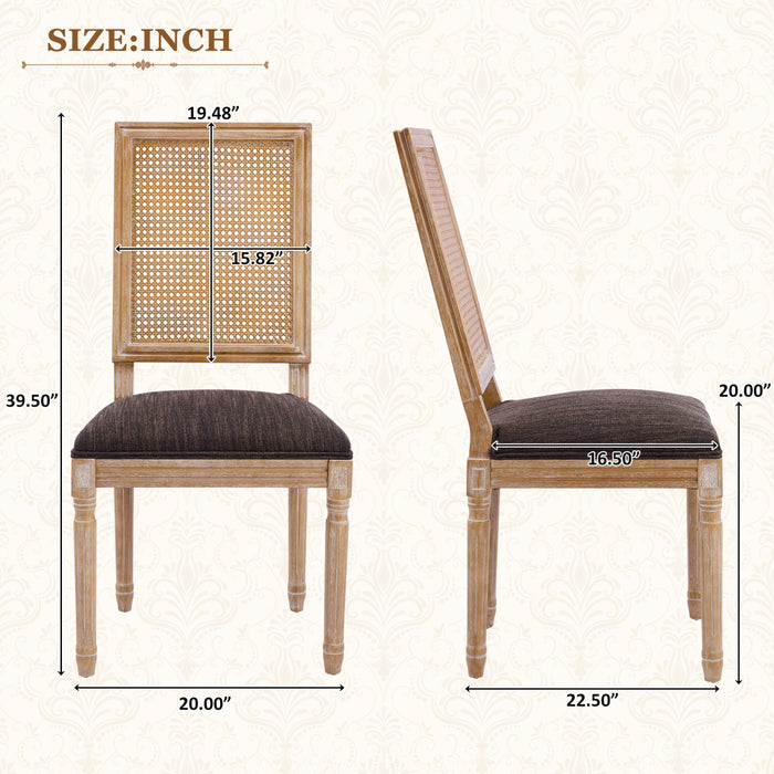 Oliver Solid Wood Rubberwood Dining Chair Set of 2 with Upholstered Seat Cane Backrest and Fluted Legs,Brown