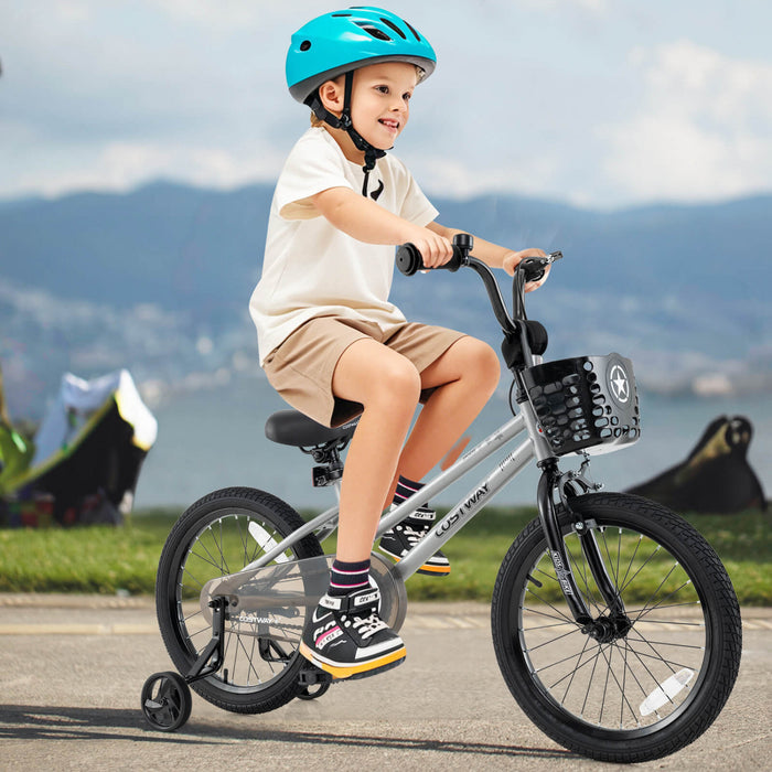 Costway 18\" Kid's Bike With Training Wheels Adjustable Handlebar & Seat Handbrake Sliver