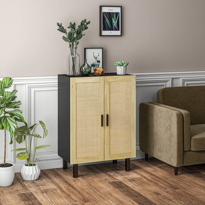 HOMCOM Boho Sideboard Buffet Cabinet with 2 Rattan Doors, Black