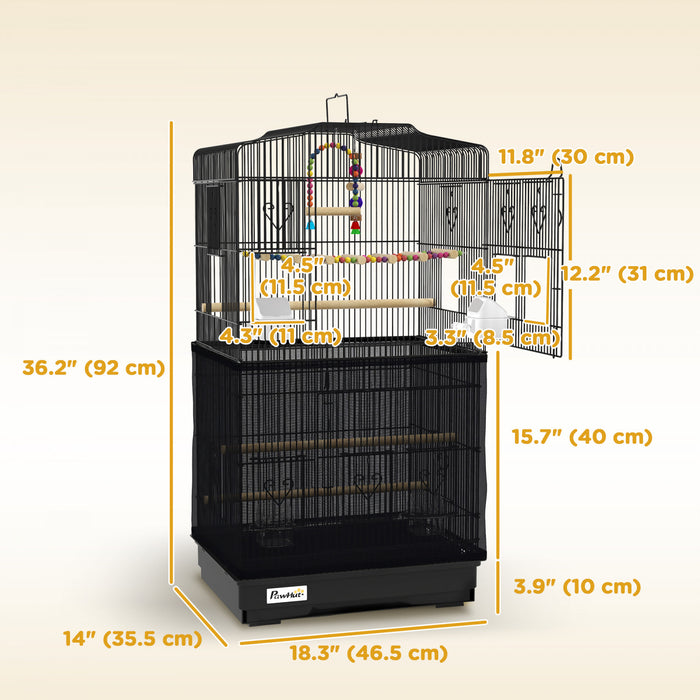 Pawhut 36\" Bird Cage For Finches, Canaries Budgies, Parrot Cage With Accessories, Handle, Mesh Cover, Tray, Black
