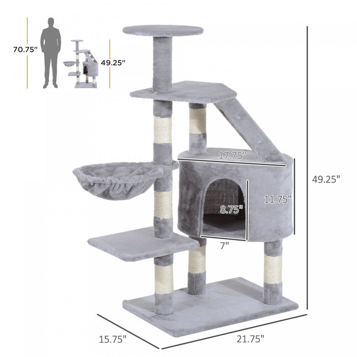 Pawhut 49\" Cat Tree With Hammock, Cat Condo Tower With Scratching Post For Indoor Cats, Grey