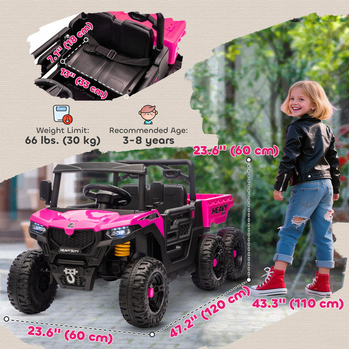 Qaba Electric Ride On Car with 6 Wheels, 24V 4WD Battery Powered Ride On Truck with Dump Bed, Remote Control, Wheel Suspension, Lights and Music for Kids 3-8 Years, Pink