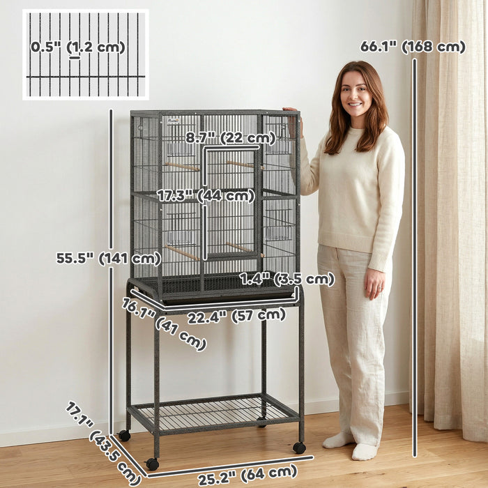 PawHut 56\" Large Bird Cage, Rolling Metal Parrot Cage, Bird House with Detachable Rolling Stand, Storage Shelf, Wood Perch, Food Container, 25\" x 17\" x 56\", Black