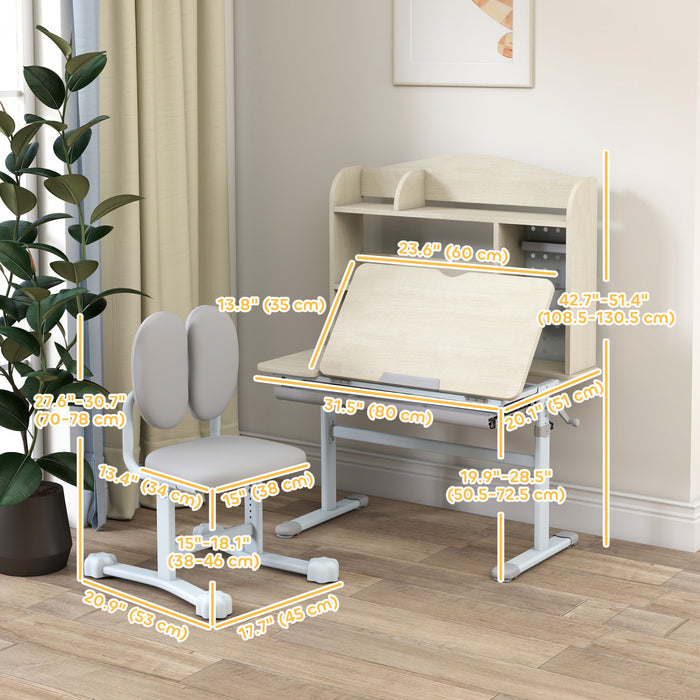 Qaba Kids Desk and Chair Set, Height Adjustable Children Study Table and Chair Set with Tiltable Desktop, Drawer and Shelves for Boys Girls Ages 3-12, Grey