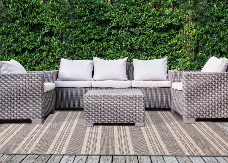 Jackson Cream Taupe Banded Stripes Rug, 6'7\" x 9'6\" Outdoor Area Rug