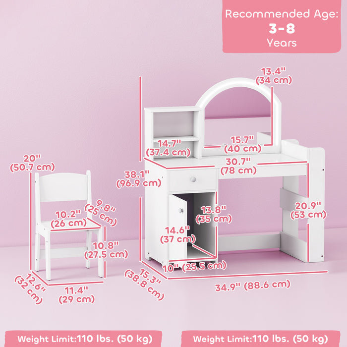 Qaba Kids Vanity Set with Lighted Mirror, Toddler Dressing Table and Chair Set with Cabinet, Drawer and Shelves, Pretend Makeup Playset for Girls 3-8 Years Old, White