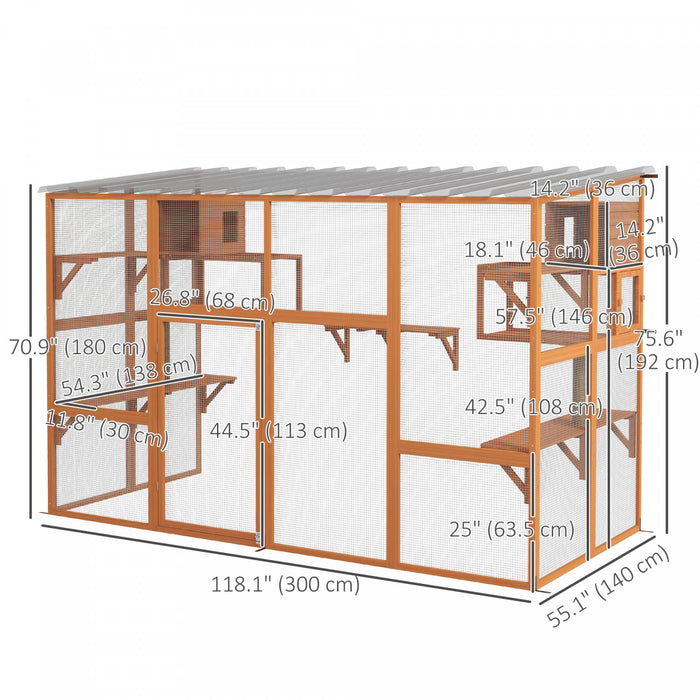 PawHut Catio Outdoor Cat Enclosure, 76\"Large Wooden Outdoor Cat House with Condos, Jumping Platforms, Scratching Posts, Waterproof Roof, Walk-in Kitty Cage for 1–5 Kittens, Orange