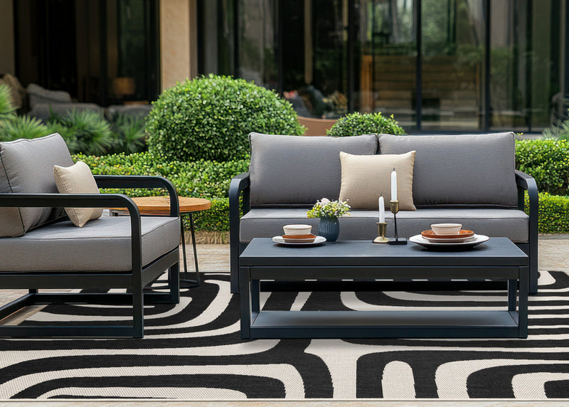 Jackson Black White Abstract Lines Outdoor Rug, 7'10\" x 10'6\" Outdoor Area Rug