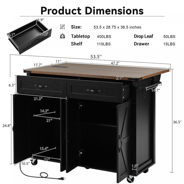 Elton 53.5\" Engineered Wood Kitchen Carts With Power Outlet And Storage - Black
