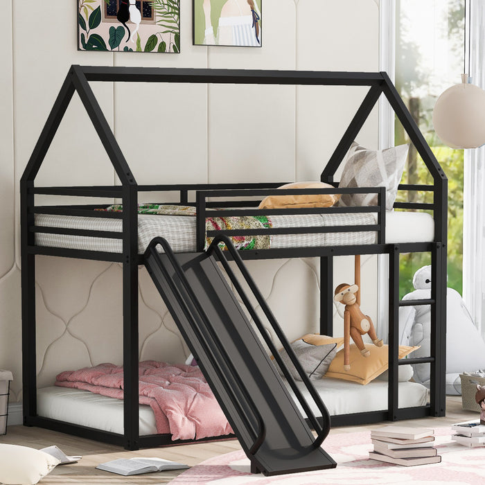Liam House Metal Bunk Bed with Ladder and Slide, Twin Over Twin Size, Black