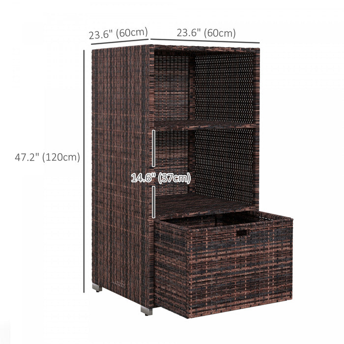 Outsunny Outdoor Storage Cabinet, Patio Storage Box Rack Rattan Wicker Pool Towel Valet Organizer Poolside Garden Lawn Bathroom Furniture Shelf W/ Shelf Drawer, Mixed Brown