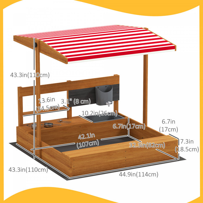 Outsunny Kids Sandbox with Cover, Wooden Sand Box with Adjustable Cover, Kitchen Playset Toys, Seat, Storage, Outdoor Sand Play for 3-7 Years Old, 45 x 43 x 43inch, Red